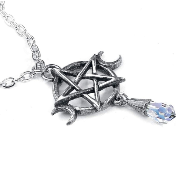Alchemy Gothic Goddess Pendant – Triple Moon Pentagram Crystal Pewter Necklace - Picture 1 of 12